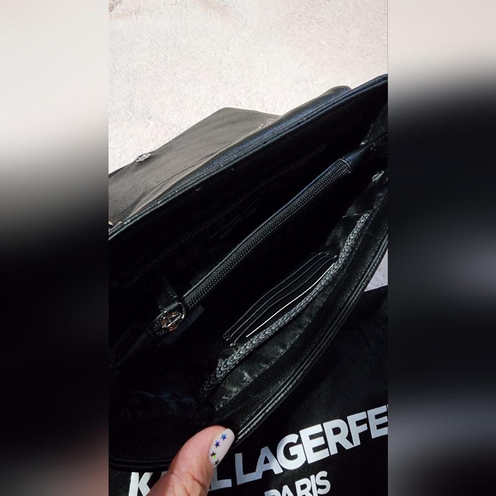 Karl Lagerfeld Black Quilted Leather Shoulder Bag with Chain Strap - Picture 5 of 7